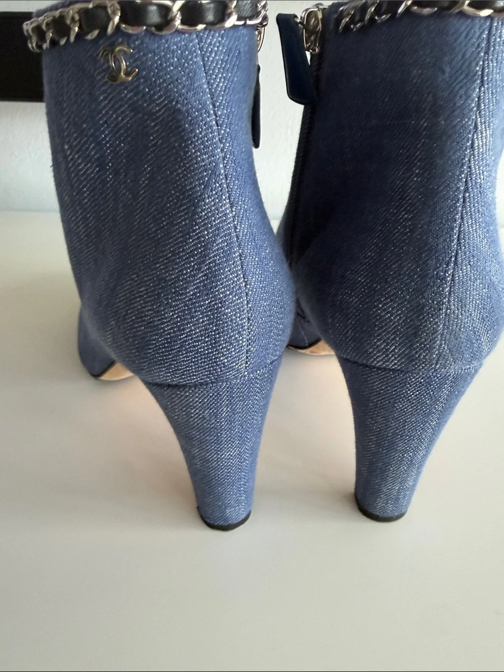 Chanel Blue Denim Fabric with Black and silver Chain Short Heeled Bootie💙
